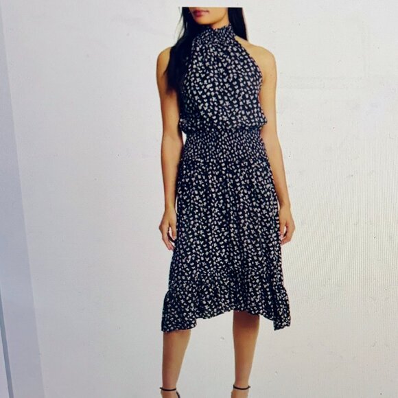 EUC Halogen Floral Smocked Halter Dress XL Black White Maxi Long Sleeveless - Picture 1 of 7
